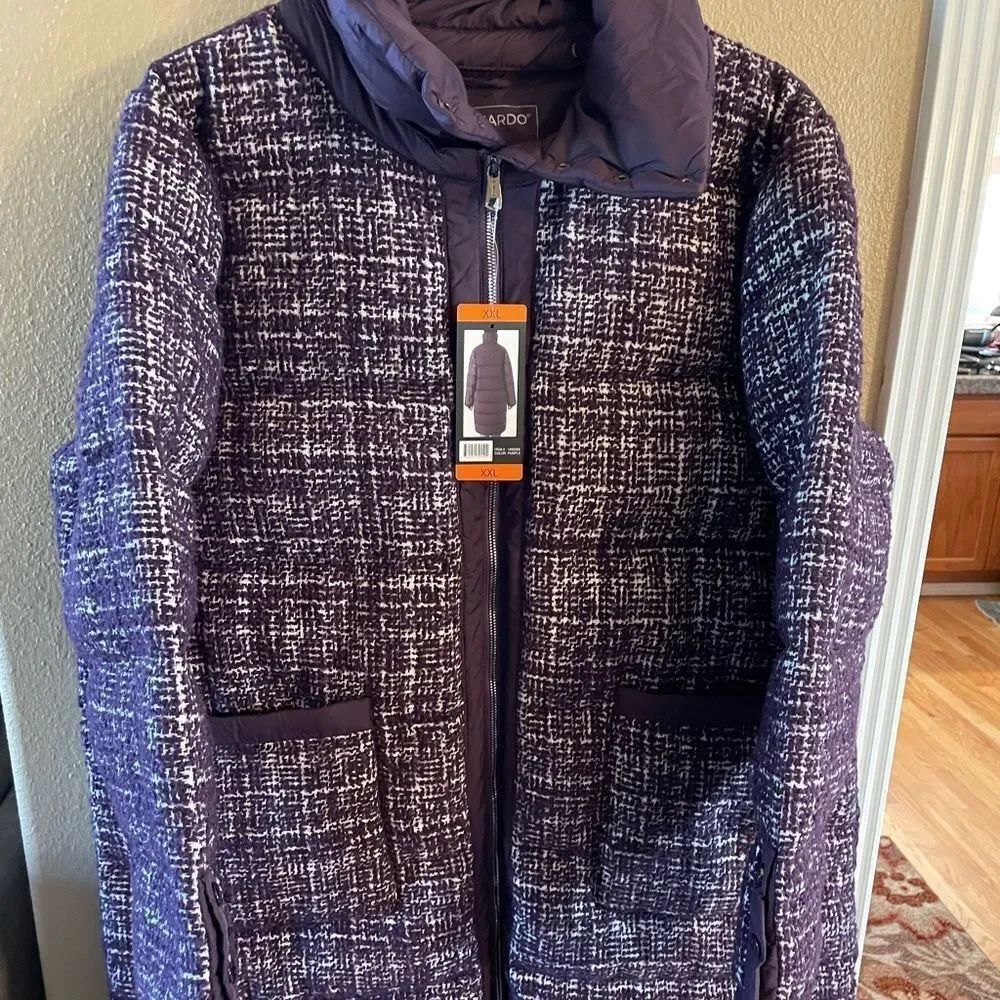 Bernardo Dark Plum and White Tweed Look XXL Women’s Long Puffer Coat